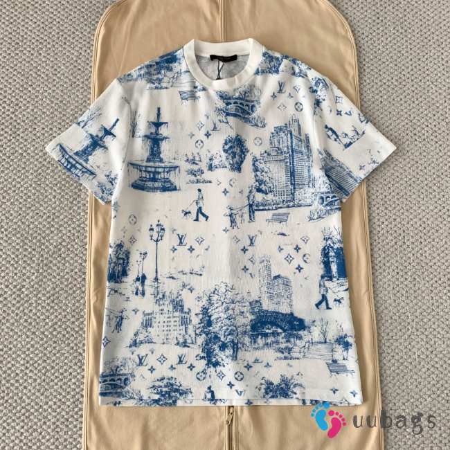 Uubags Louis Vuitton Printed Cotton Pique T-Shirt Monogram City Walk White and Blue - 1