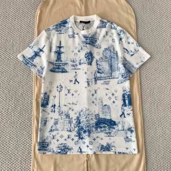 Uubags Louis Vuitton Printed Cotton Pique T-Shirt Monogram City Walk White and Blue