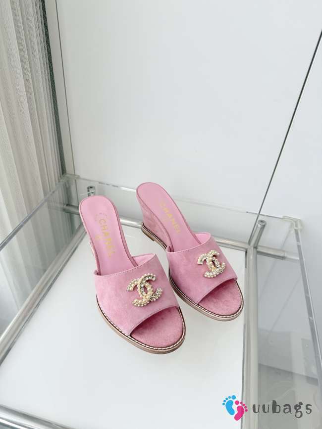 Uubags Chanel Sandals In Velvet & Imitation Pearls Pink 8.5cm - 1