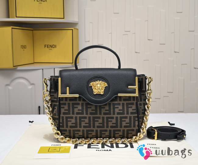 Uubags Versace x Fendi Grained Calfskin Fendace Medium La Medusa Top Handle Bag Black Brown 25x15x22cm - 1