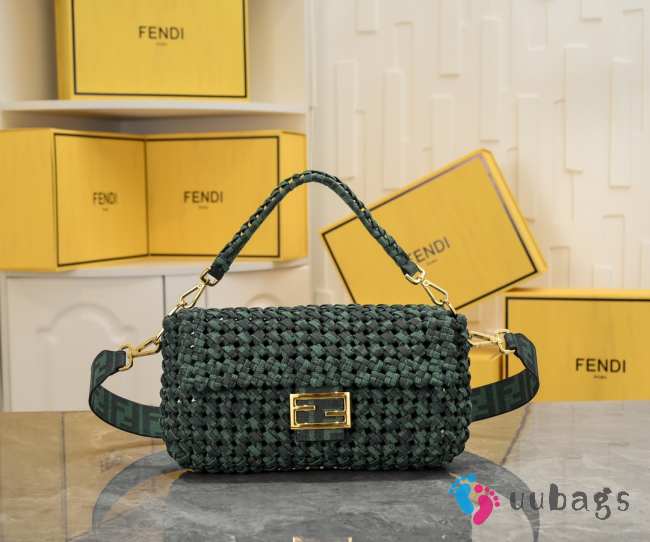 Uubags Fendi Green Jacquard Woven Fabric Medium Baguette Bag 26x4x13cm - 1