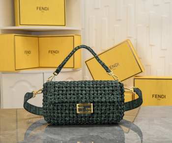 Uubags Fendi Green Jacquard Woven Fabric Medium Baguette Bag 26x4x13cm