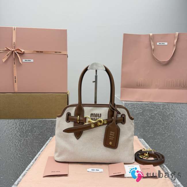 Uubags Miu Miu Aventure canvas and leather bag in beige/brandy 31x23x10cm - 1