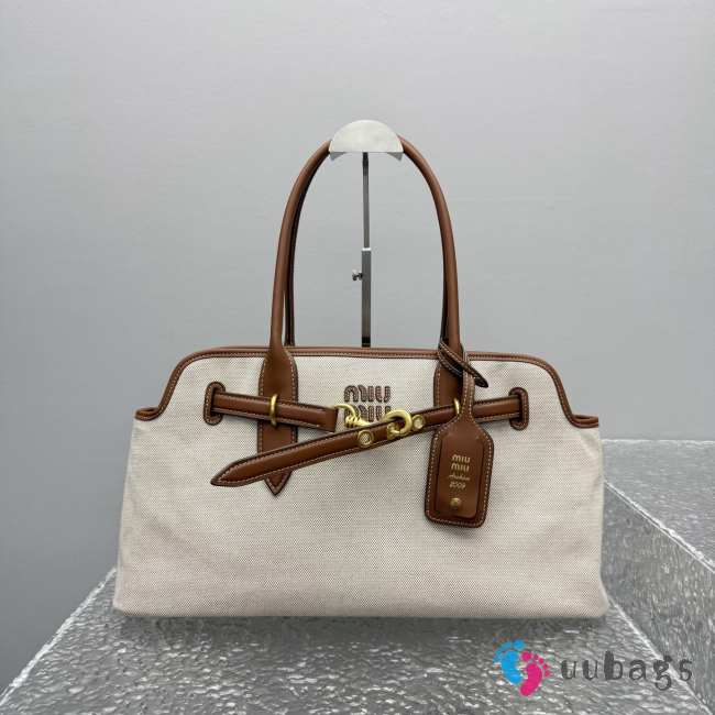 Uubags Miu Miu large Aventure canvas and leather bag in beige/brandy 44.5x24x14cm - 1