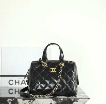 Uubags Chanel Small Bowling Bag In Patent Crumpled Calfskin & Gold-Tone Metal Black 17x21x13cm