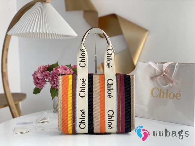 Uubags Chloe Woody small striped canvas tote bag in multi brown 26x20x8cm - 1