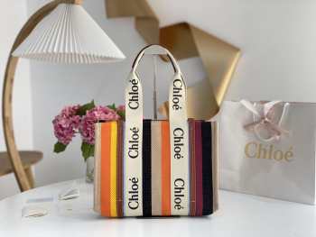 Uubags Chloe Woody small striped canvas tote bag in multi brown 26x20x8cm