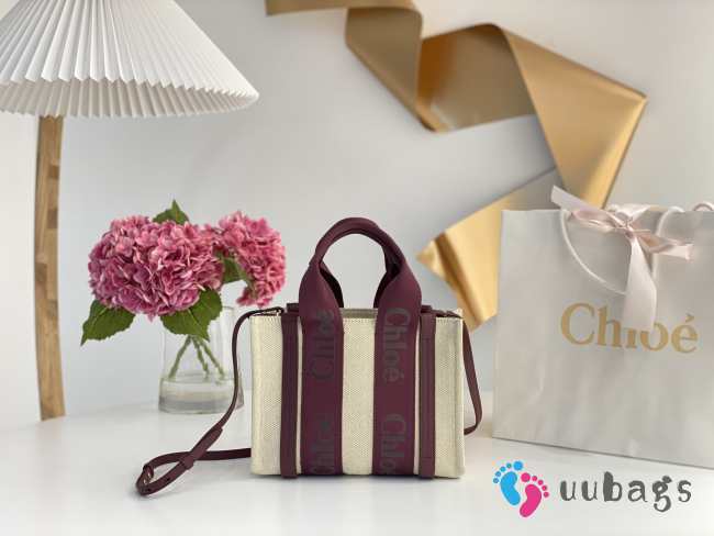 Uubags Chloe Mini Woody tote bag in linen burgundy 26x20x8cm - 1