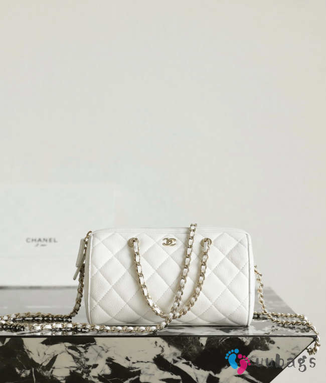 Uubags Chanel Mini Boston Bag In White Caviar Leather 11.5x18.5x11cm - 1