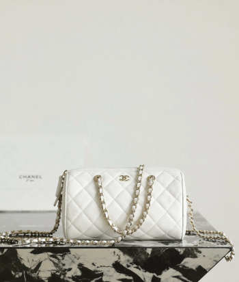 Uubags Chanel Mini Boston Bag In White Caviar Leather 11.5x18.5x11cm
