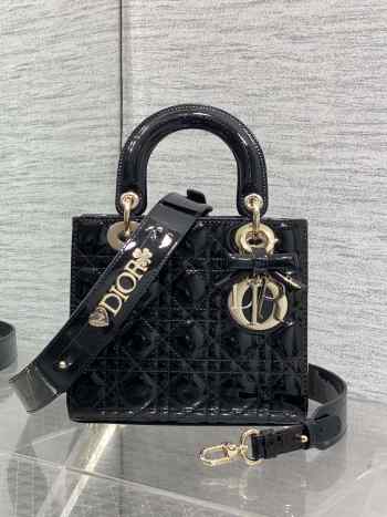 New Arrivals 2026 Small Lady Dior Bag With Strap Black Patent Cannage Calfskin 20x18x8cm