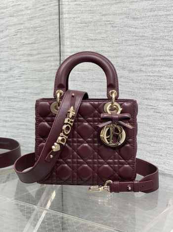 New Arrivals 2026 Small Lady Dior Bag With Strap Burgundy Cannage Lambskin 20x18x8cm