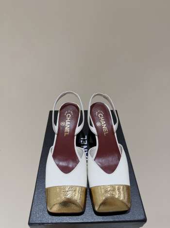 Uubags Chanel Slingback Shoes Glossy Sheepskin & Calfskin In White & Gold Metallic 6.5cm