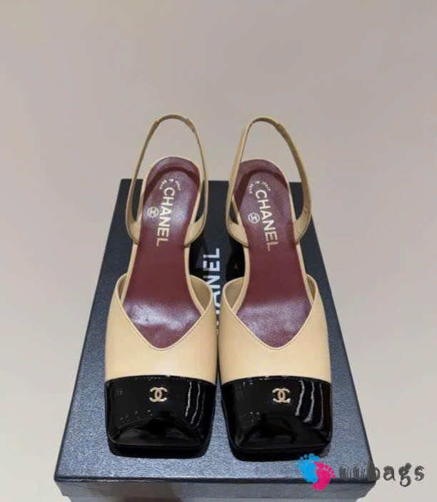 Uubags Chanel Slingback Shoes Glossy Sheepskin & Calfskin In Beige & Black 6.5cm - 1