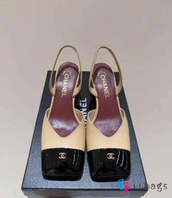 Uubags Chanel Slingback Shoes Glossy Sheepskin & Calfskin In Beige & Black 6.5cm