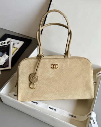 Uubags Chanel Large Bowling Bag Suede Calfskin, Calfskin & Gold-Tone Metal In Light Beige 19x35.5x12.5cm