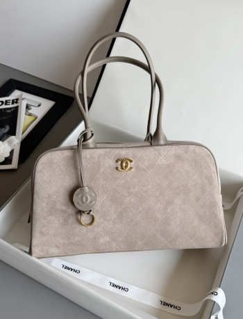 Uubags Chanel Large Bowling Bag Suede Calfskin, Calfskin & Gold-Tone Metal In Dark Grey 19x35.5x12.5cm