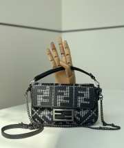 Uubags Fendi Black/ Moro FF Embroidered Canvas Baguette Crossbody Bag 19x5x11cm - 1