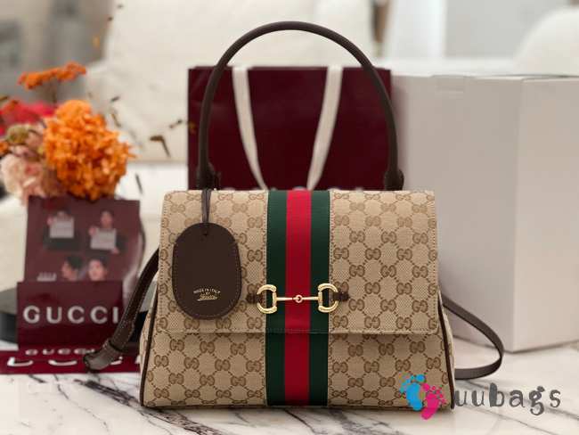 Uubags Gucci Paparazzo medium top handle bag in sand and brown GG canvas 32x24x17cm - 1