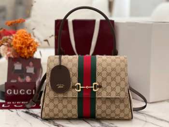 Uubags Gucci Paparazzo medium top handle bag in sand and brown GG canvas 32x24x17cm