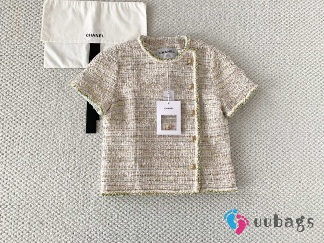 Uubags Chanel Short-sleeved Top Embroidered Tweed In Ecru, Gold & Green - 1
