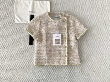 Uubags Chanel Short-sleeved Top Embroidered Tweed In Ecru, Gold & Green
