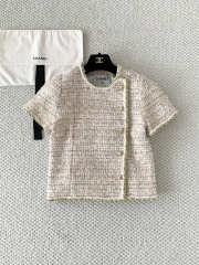 Uubags Chanel Short-sleeved Top Embroidered Tweed In Ecru, Gold & Green - 4