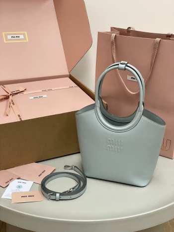 Uubags Miu Miu Ivy Leather Handbag In Lake Blue 19x17x8cm