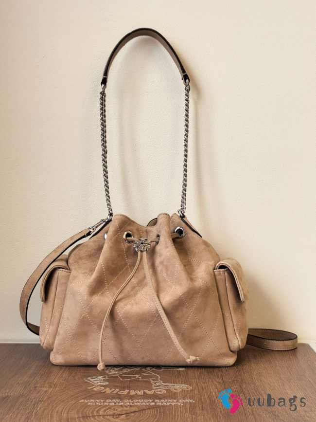 Uubags Tory Burch Small Charlie Quilted Suede Drawstring Shoulder Bag In Brown 23.5x23x10.2cm - 1