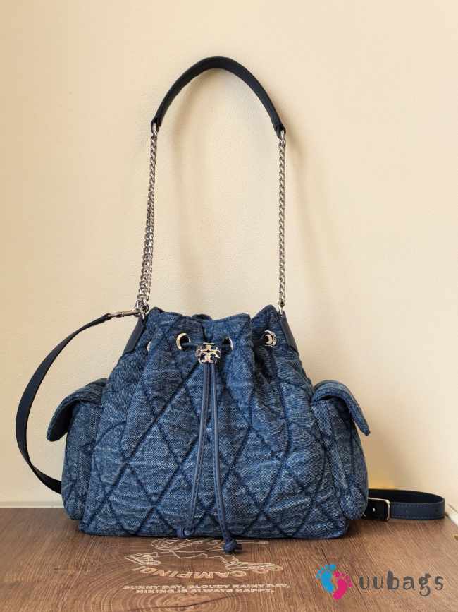Uubags Tory Burch Small Charlie Quilted Denim Drawstring Shoulder Bag 23.5x23x10.2cm - 1