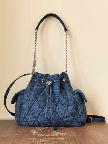 Uubags Tory Burch Small Charlie Quilted Denim Drawstring Shoulder Bag 23.5x23x10.2cm