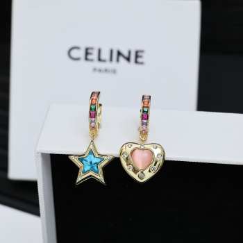 Uubags Celine asymmetric star and heart earrings with colorful crystals
