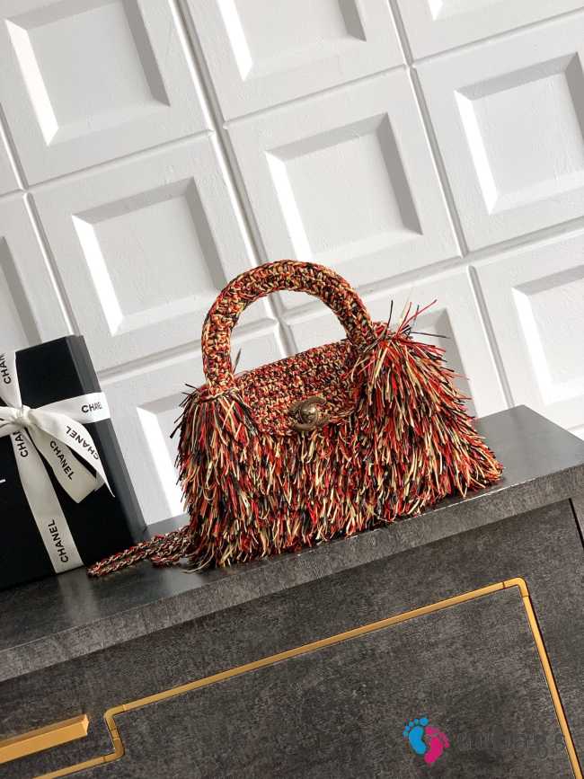 Uubags Chanel Mini Kelly Shopping Bag Raffia-Effect Fabric Wood & Gold-Tone Metal Red, Beige, Black 19x13x7cm - 1