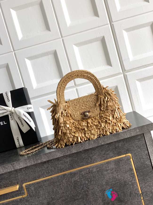 Uubags Chanel Mini Shopping Bag Raffia-Effect Fabric, Wood & Gold-Tone Metal Dark Beige 19x13x7cm - 1