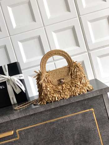 Uubags Chanel Mini Shopping Bag Raffia-Effect Fabric, Wood & Gold-Tone Metal Dark Beige 19x13x7cm