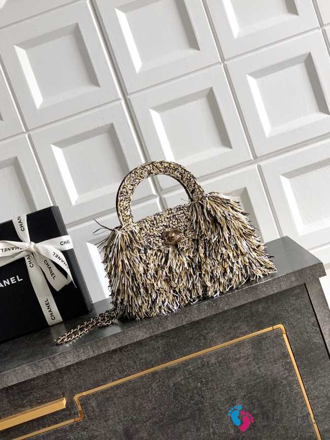 Uubags Chanel Mini Shopping Bag Raffia-Effect Fabric, Wood & Gold-Tone Metal Yellow, Black, White 19x13x7cm - 1
