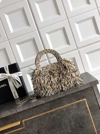 Uubags Chanel Mini Shopping Bag Raffia-Effect Fabric, Wood & Gold-Tone Metal Yellow, Black, White 19x13x7cm
