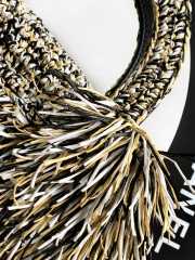 Uubags Chanel Mini Shopping Bag Raffia-Effect Fabric, Wood & Gold-Tone Metal Yellow, Black, White 19x13x7cm - 3