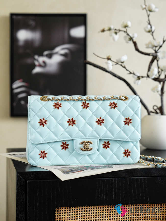 Uubags Chanel Classic Flap Bag In Light Blue with Floral Embellishments 15.5x25.5x6.5cm - 1