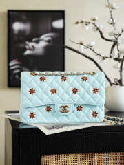 Uubags Chanel Classic Flap Bag In Light Blue with Floral Embellishments 15.5x25.5x6.5cm - 1