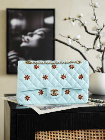 Uubags Chanel Classic Flap Bag In Light Blue with Floral Embellishments 15.5x25.5x6.5cm