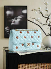 Uubags Chanel Classic Flap Bag In Light Blue with Floral Embellishments 15.5x25.5x6.5cm - 5