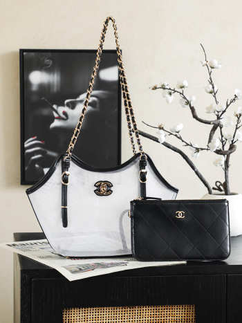 Uubags Chanel Small Tote Bag Mesh, Calfskin & Gold-Tone Metal In Transparent & Black 20x28x7cm