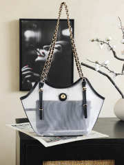 Uubags Chanel Small Tote Bag Mesh, Calfskin & Gold-Tone Metal In Transparent & Black 20x28x7cm - 4