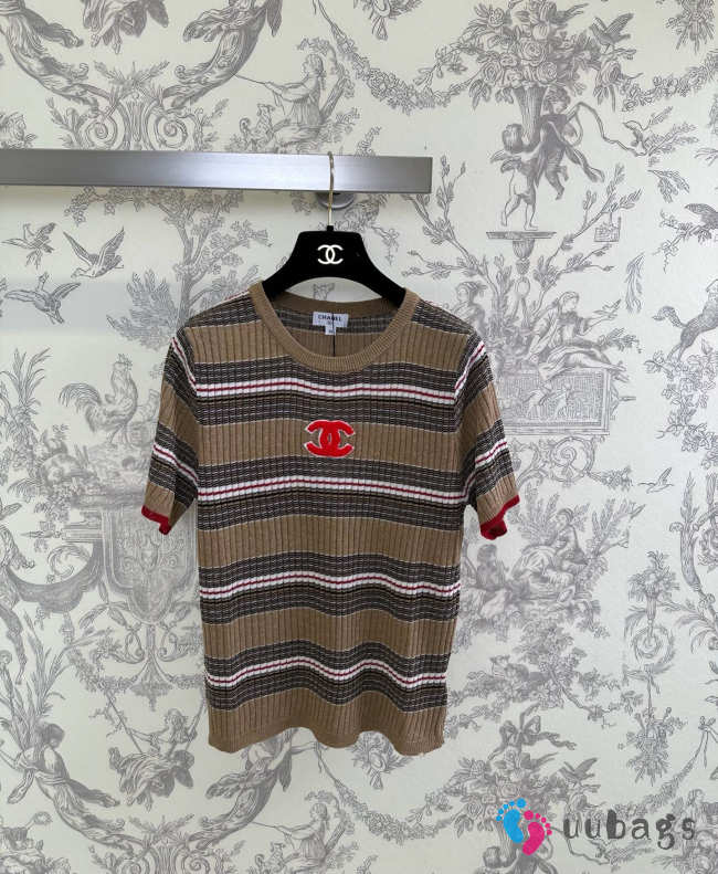 Uubags Chanel CC Logo Striped Knit Sweater Top - 1