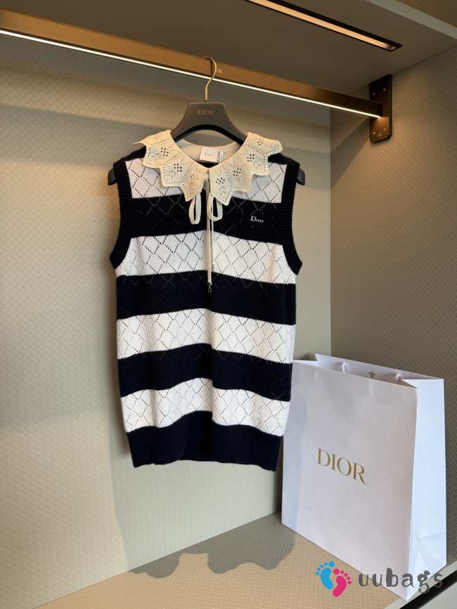 Uubags Dior Marinière Sweater Vest White and Navy Blue Openwork Cashmere Knit - 1