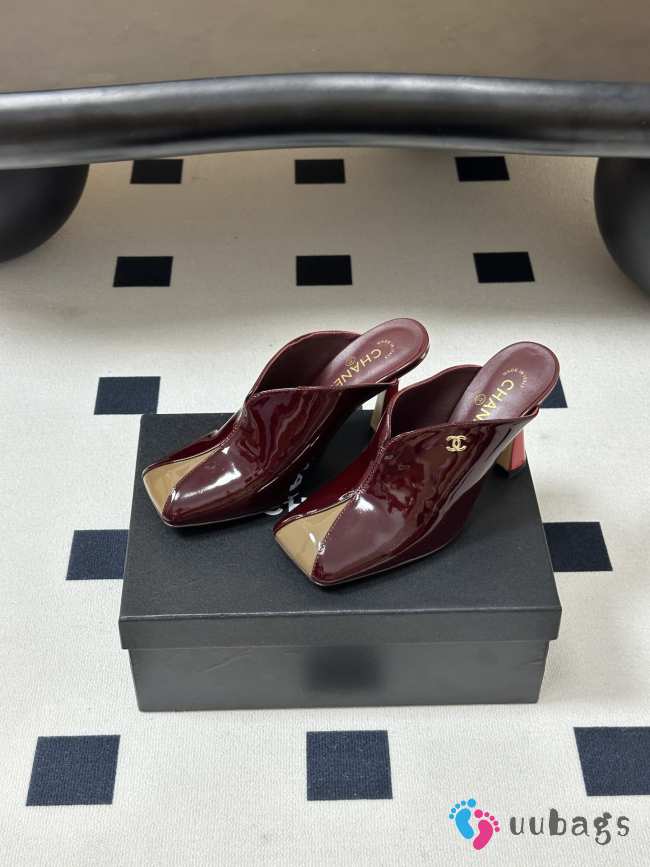 Uubags Chanrel Two-Tone Pointed Toe Mule Pumps In Burgundy/Beige 9cm - 1