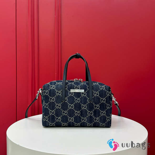 Uubags small boston bag with Gucci plaque in dark blue washed GG denim 20x12x11cm - 1