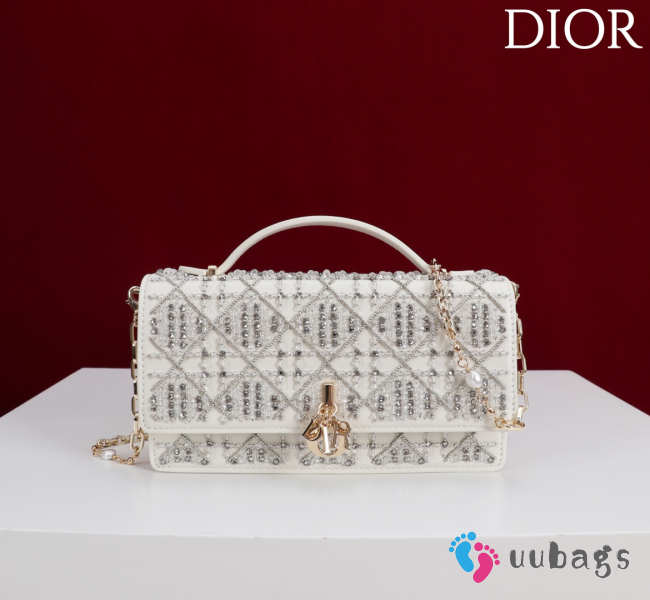 Uubags My Dior Mini Top Handle Bag in White Cannage Embroidery with Crystals 21x11.5x4cm - 1
