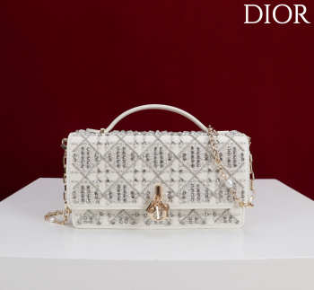 Uubags My Dior Mini Top Handle Bag in White Cannage Embroidery with Crystals 21x11.5x4cm